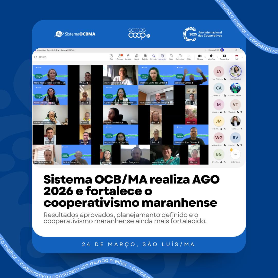 Captura de tela da Assembleia Geral Ordinária do Sistema OCB/MA realizada em formato online, com participação de dirigentes e representantes de cooperativas.